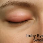 Close-up image of a swollen, itchy eyelid with mild redness — visual symptoms of eyelid swelling and irritation caused by allergies, infection, or blepharitis.