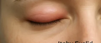Close-up image of a swollen, itchy eyelid with mild redness — visual symptoms of eyelid swelling and irritation caused by allergies, infection, or blepharitis.