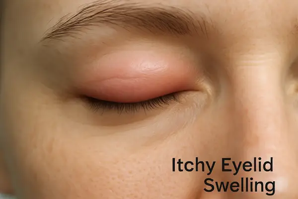 Close-up image of a swollen, itchy eyelid with mild redness — visual symptoms of eyelid swelling and irritation caused by allergies, infection, or blepharitis.