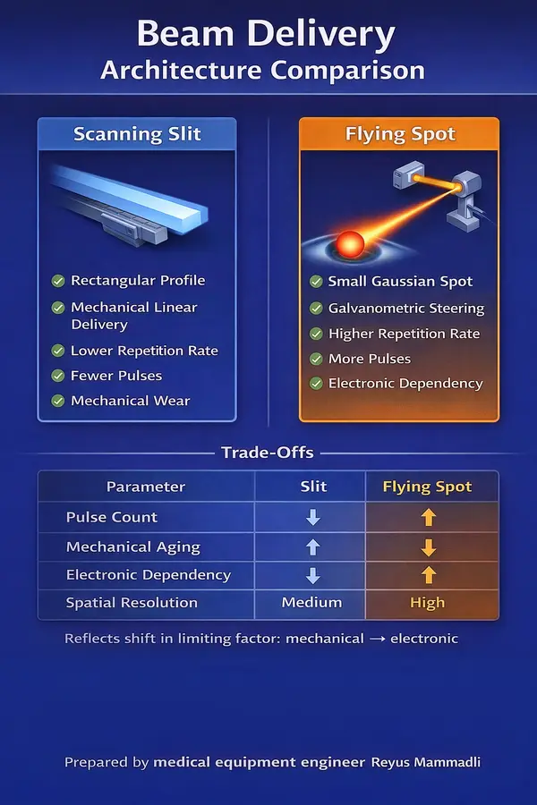 Comparison of scanning slit and flying spot excimer laser beam delivery architectures with engineering trade-offs.