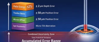 Cumulative geometric error in 193 nm excimer laser platforms showing how energy drift and positioning noise affect ablation precision. Prepared by Reyus Mammadli.