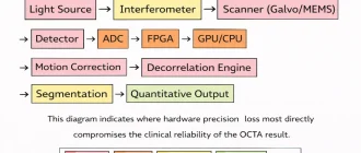 This diagram shows the OCTA Hardware Precision Criticality Chain and highlights where loss of hardware precision most directly affects the clinical reliability of the OCTA outcome.