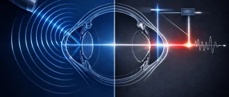 Ultrasound Biomicroscopy vs Anterior Segment OCT engineering comparison illustration of sound and light imaging