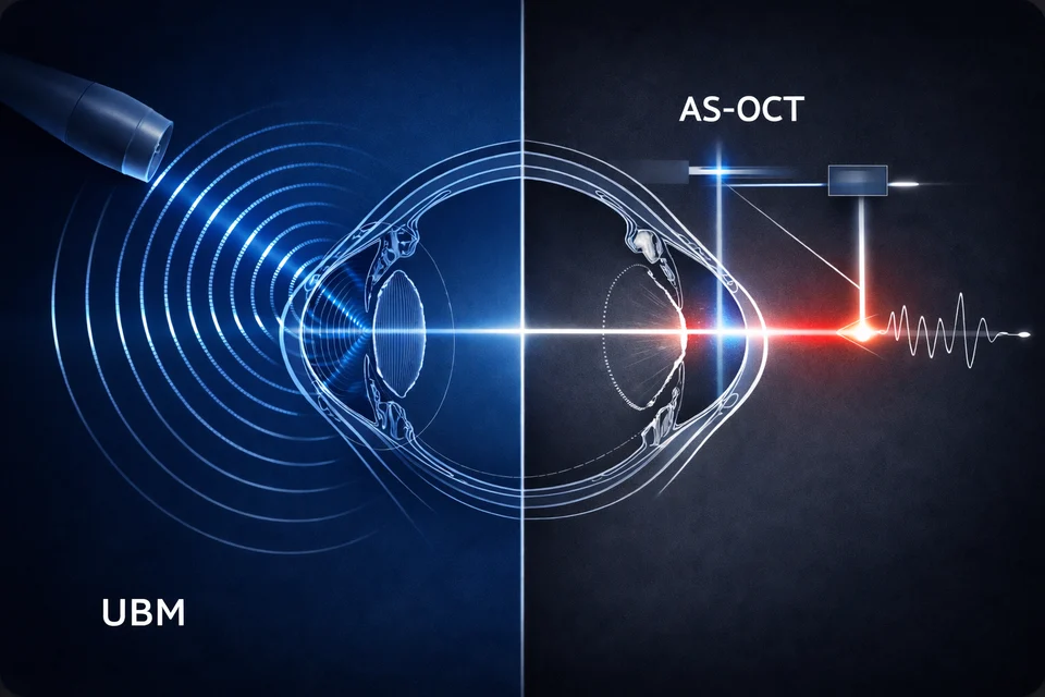Ultrasound Biomicroscopy vs Anterior Segment OCT engineering comparison illustration of sound and light imaging
